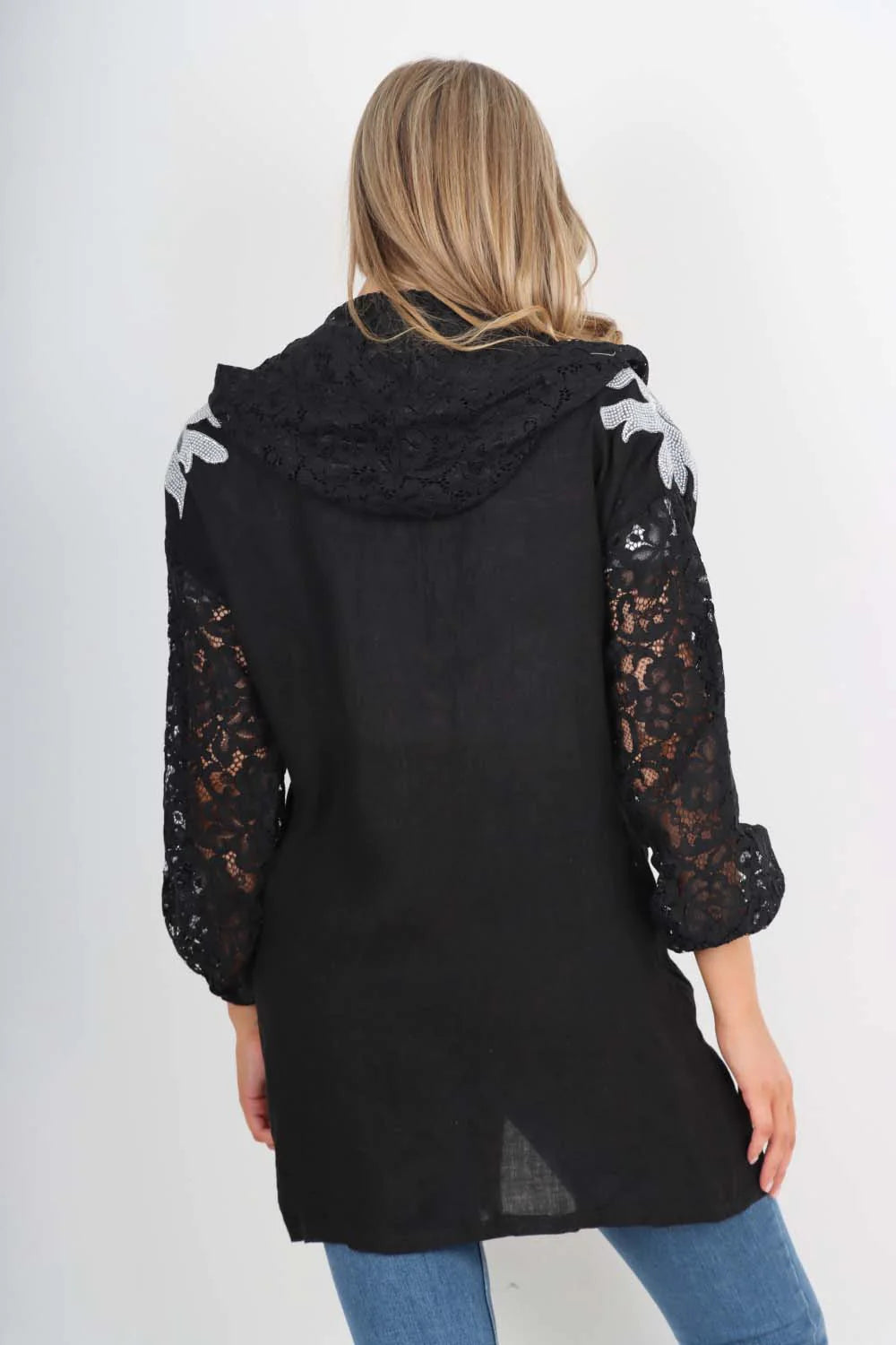 Italian Lace Sleeve Hooded Long Cardigan - Black