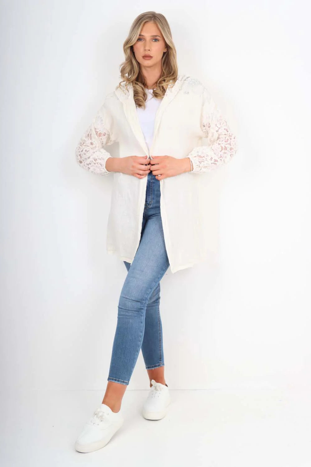 Italian Lace Sleeve Hooded Long Cardigan - Cream