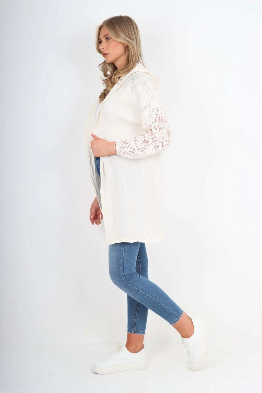 Italian Lace Sleeve Hooded Long Cardigan - Cream