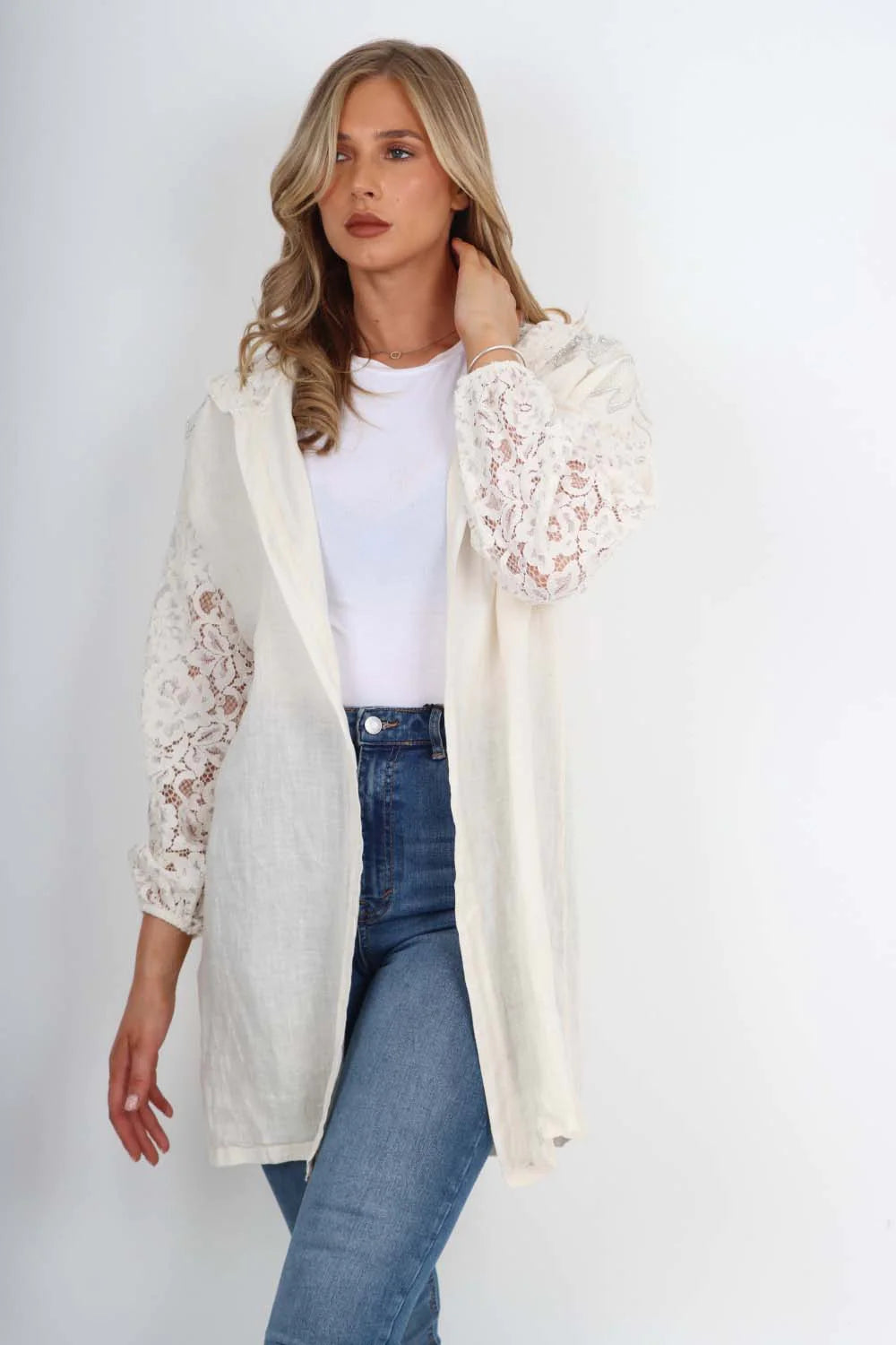 Italian Lace Sleeve Hooded Long Cardigan - Cream