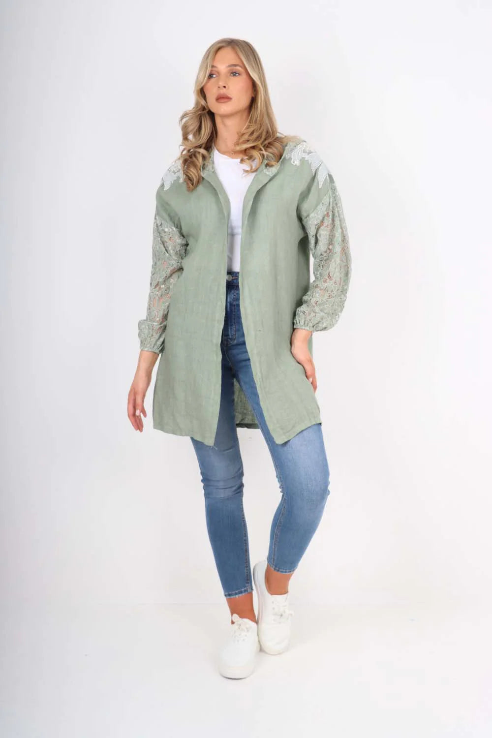 Italian Lace Sleeve Hooded Long Cardigan - Khaki