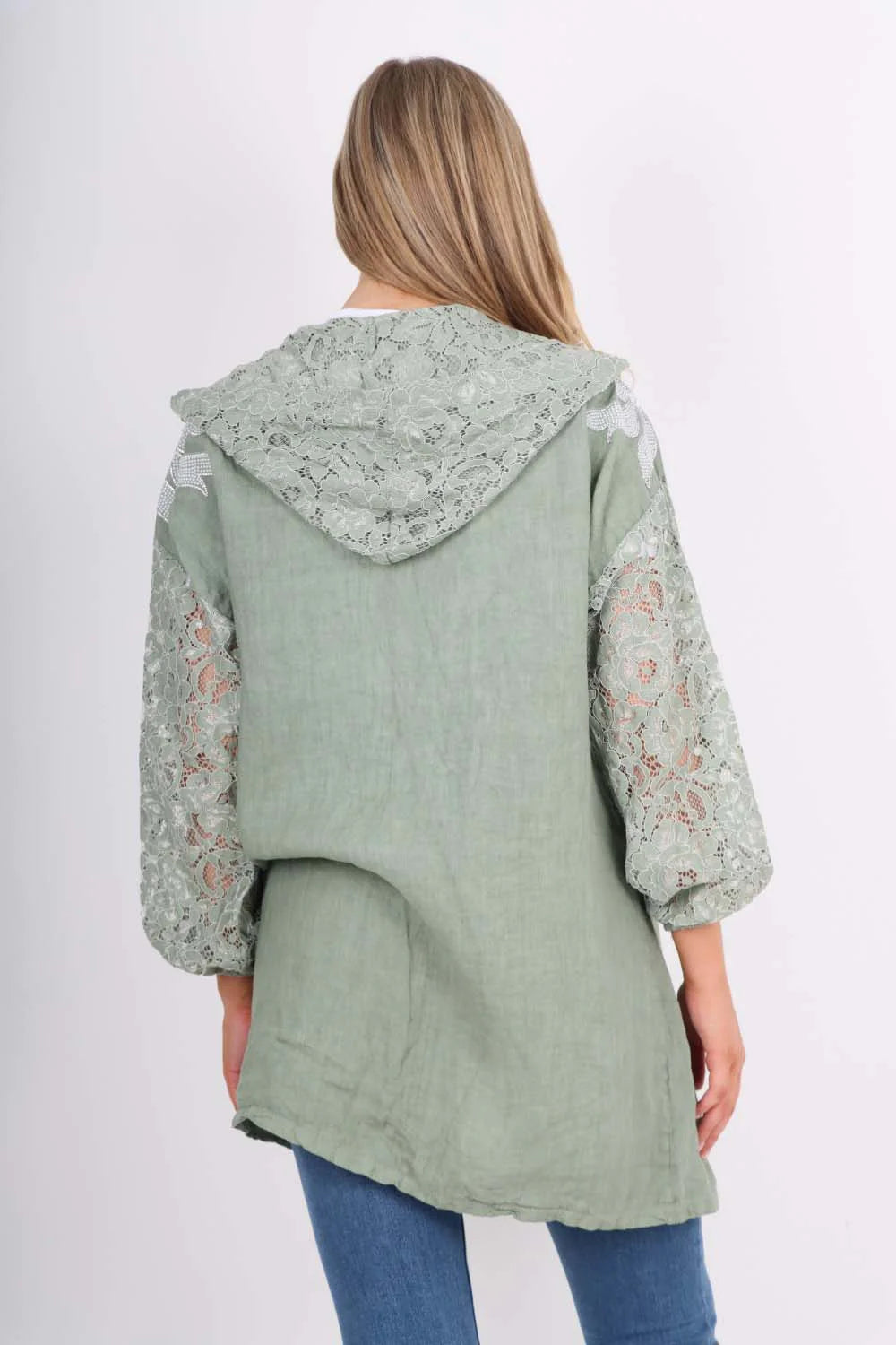 Italian Lace Sleeve Hooded Long Cardigan - Khaki