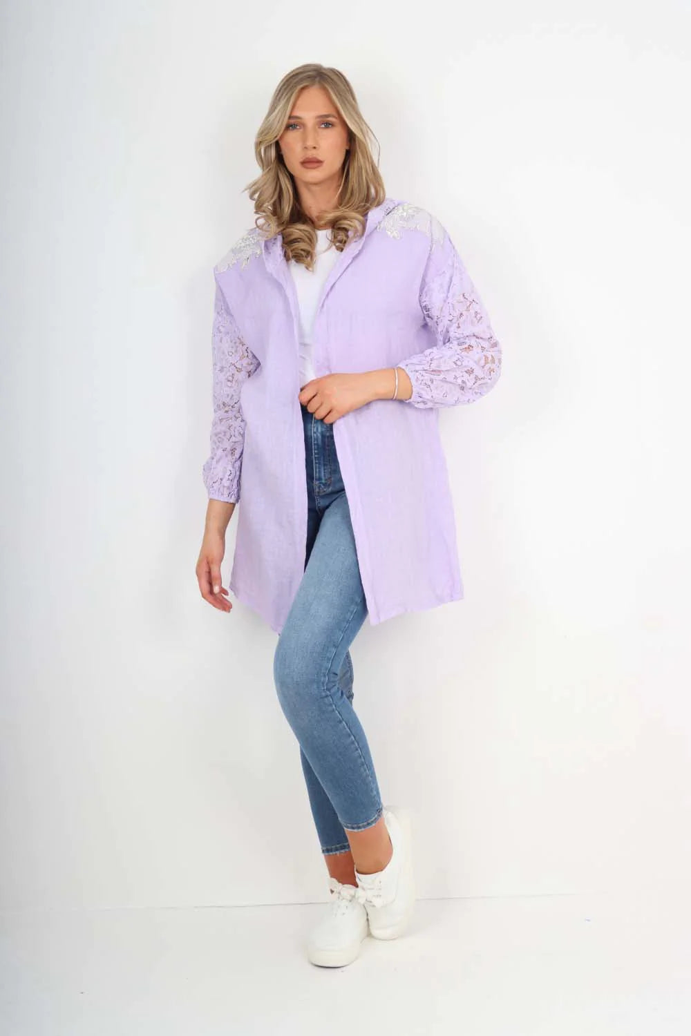 Italian Lace Sleeve Hooded Long Cardigan - Lilac