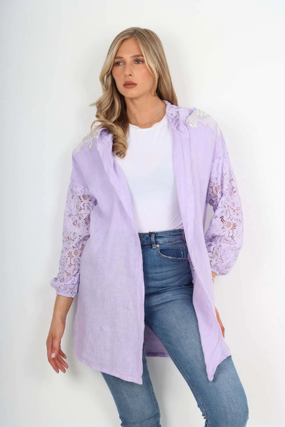 Italian Lace Sleeve Hooded Long Cardigan - Lilac