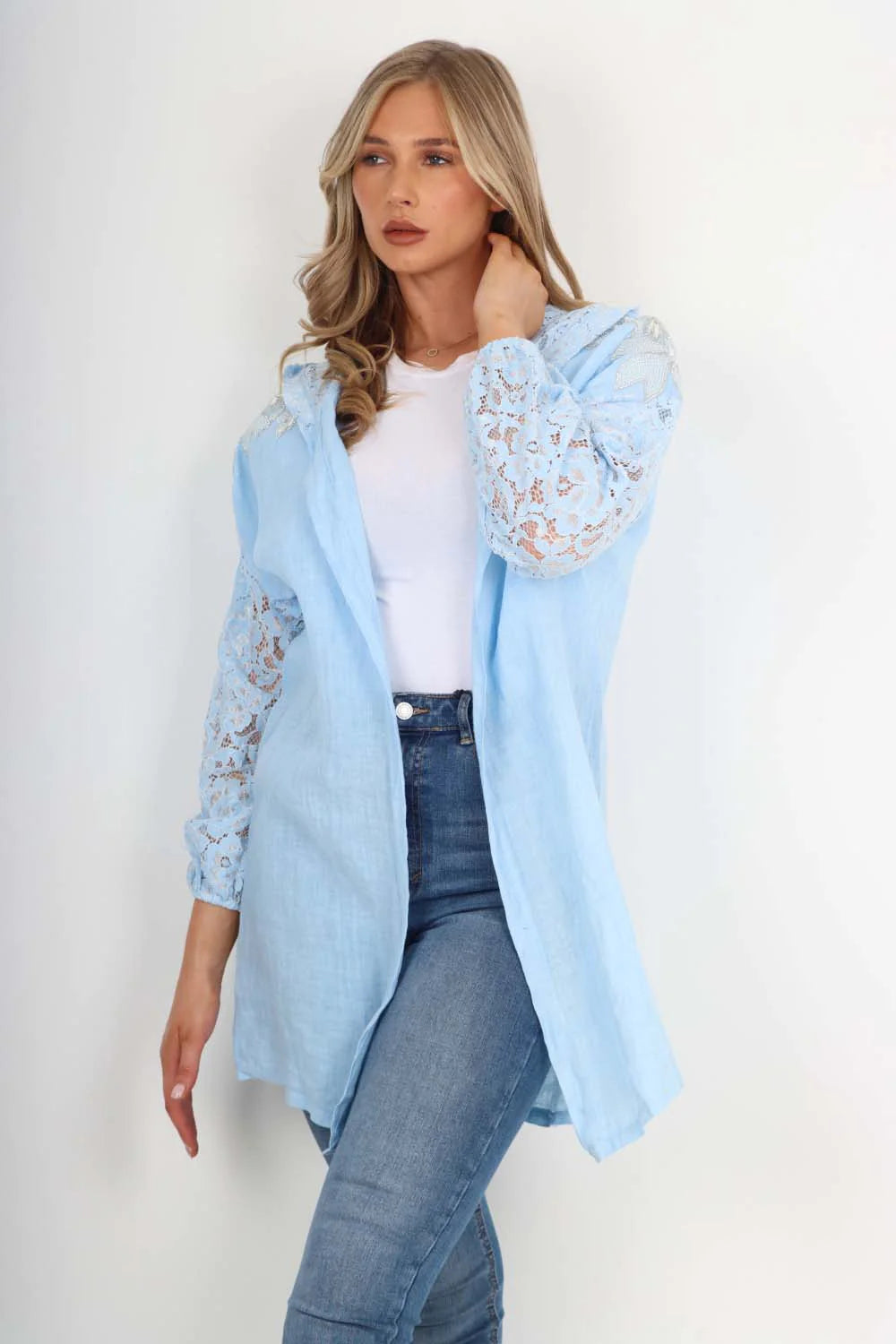 Italian Lace Sleeve Hooded Long Cardigan - Sky Blue