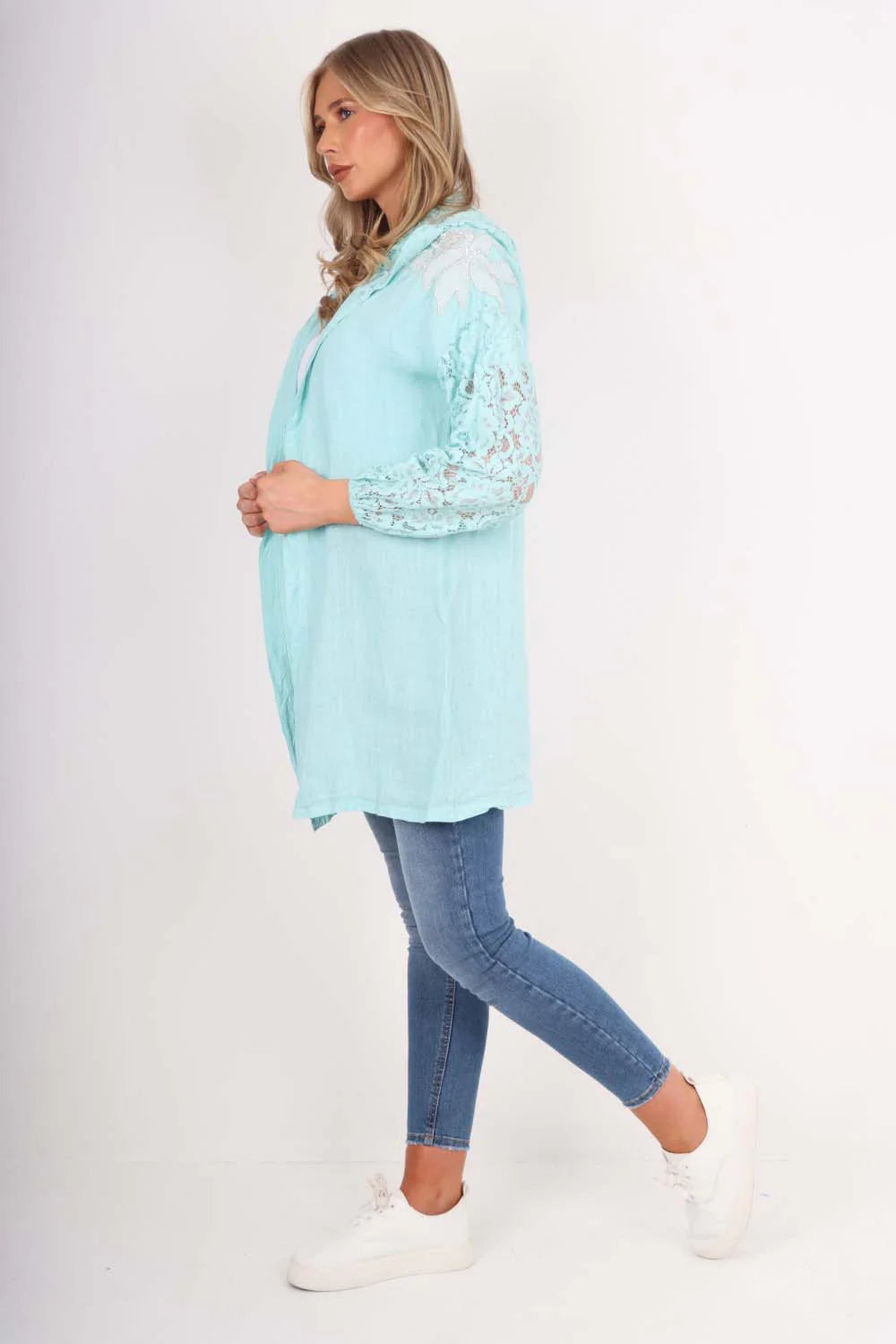 Italian Lace Sleeve Hooded Long Cardigan - Turquoise