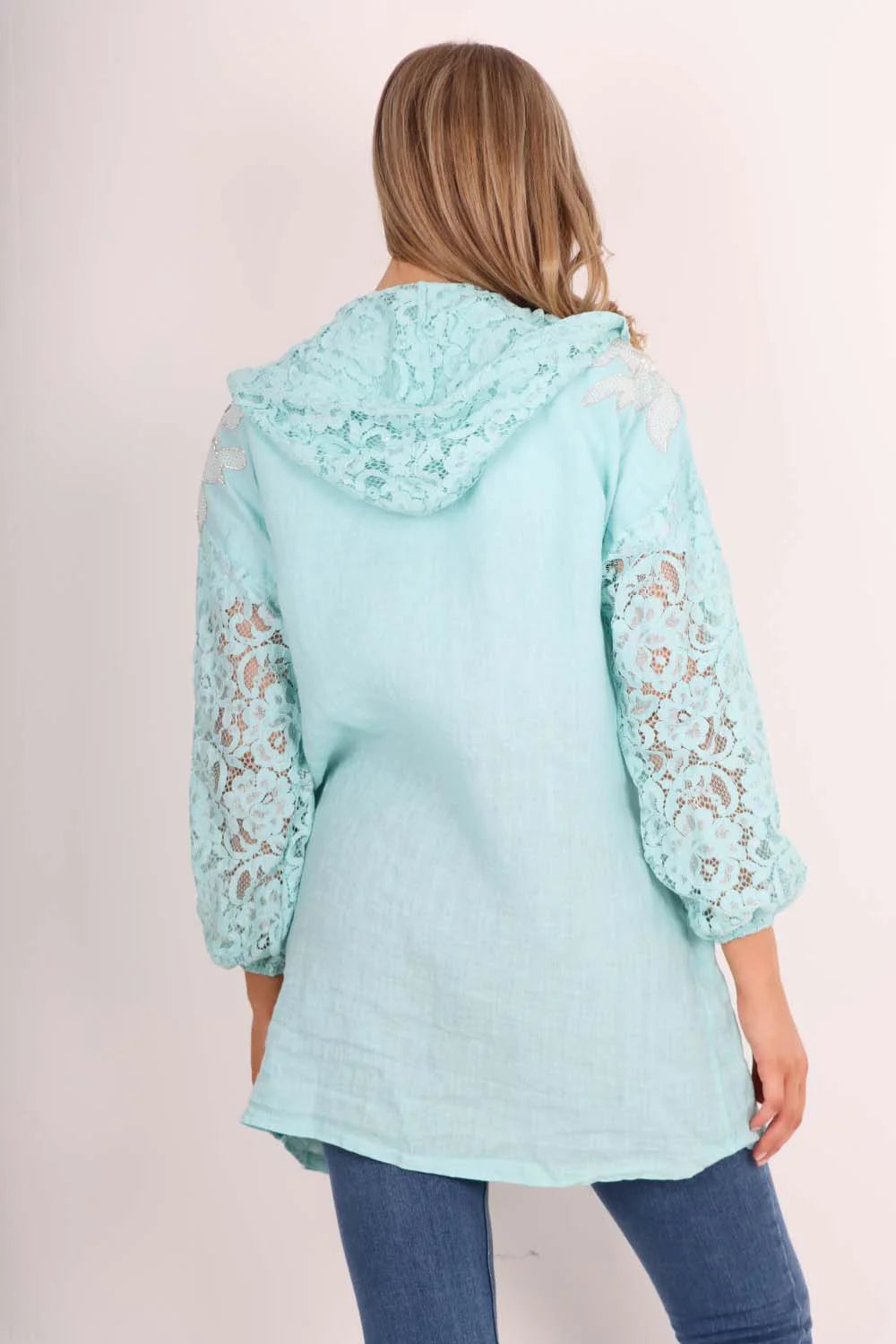 Italian Lace Sleeve Hooded Long Cardigan - Turquoise