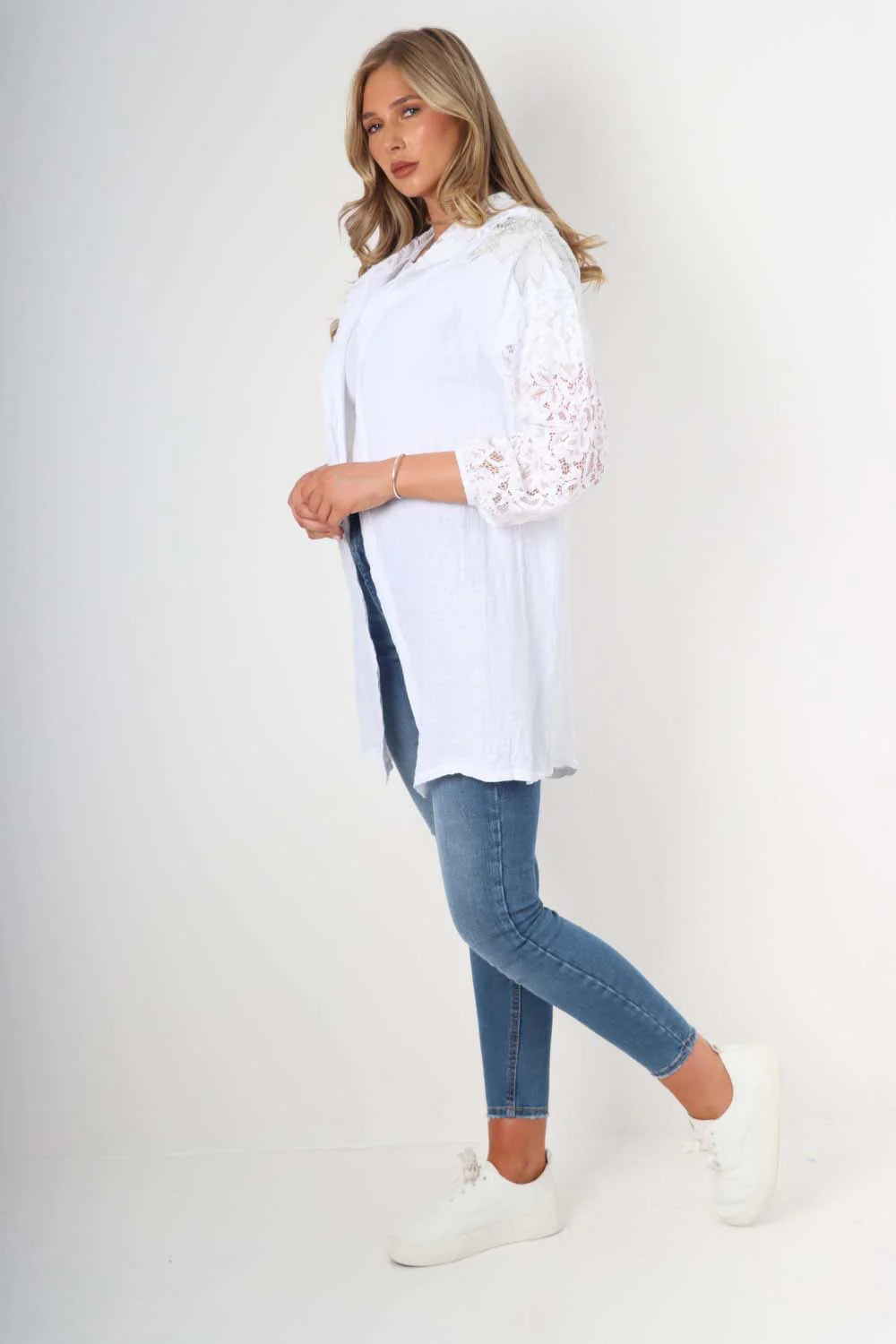 Italian Lace Sleeve Hooded Long Cardigan - White