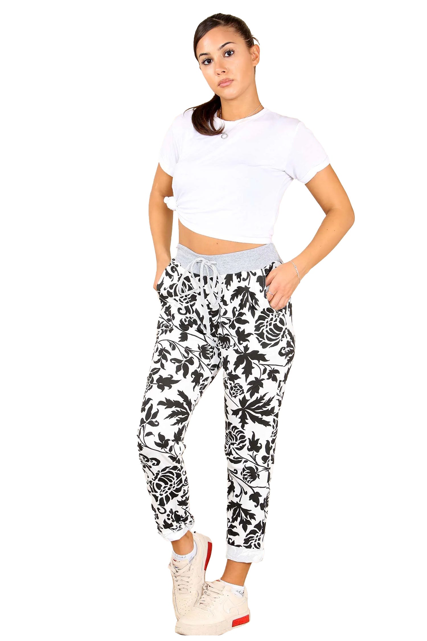 Italian Leaf Print Drawstring Cotton Joggers - Black