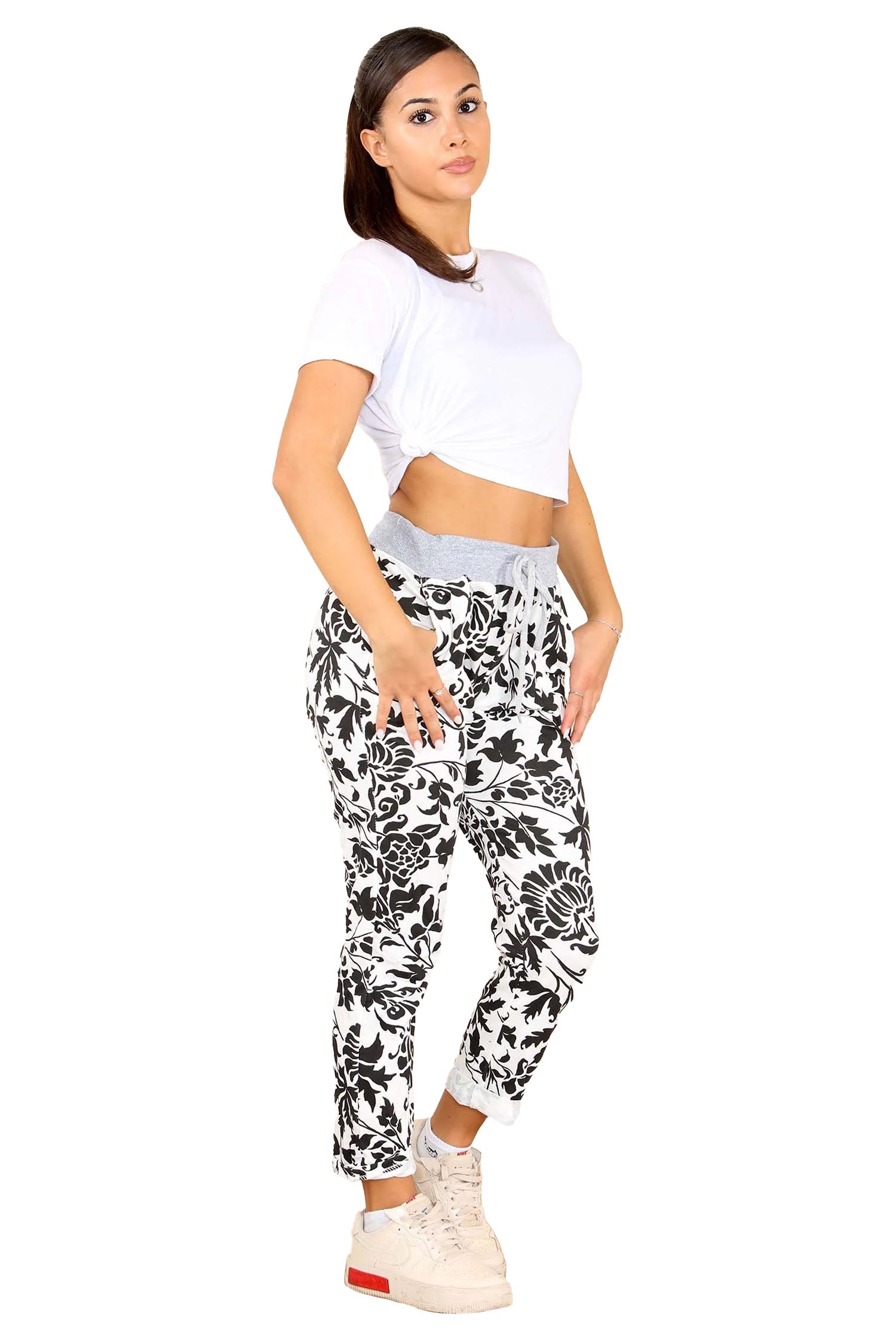 Italian Leaf Print Drawstring Cotton Joggers - Black