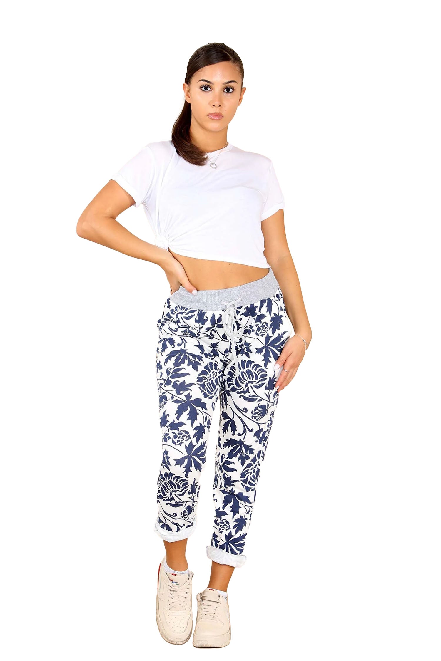 Italian Leaf Print Drawstring Cotton Joggers - Blue