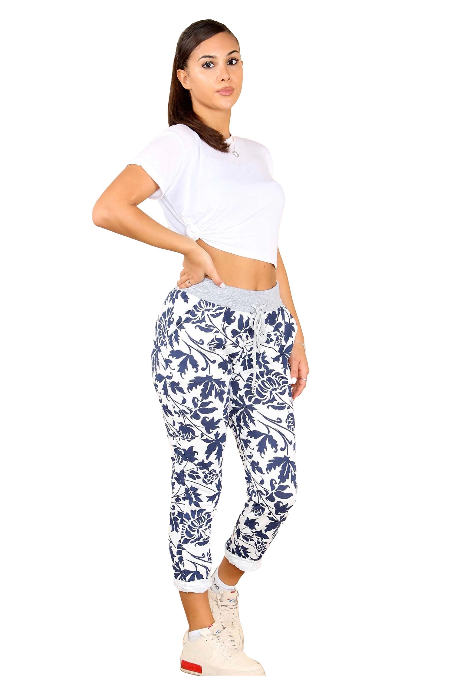 Italian Leaf Print Drawstring Cotton Joggers - Blue