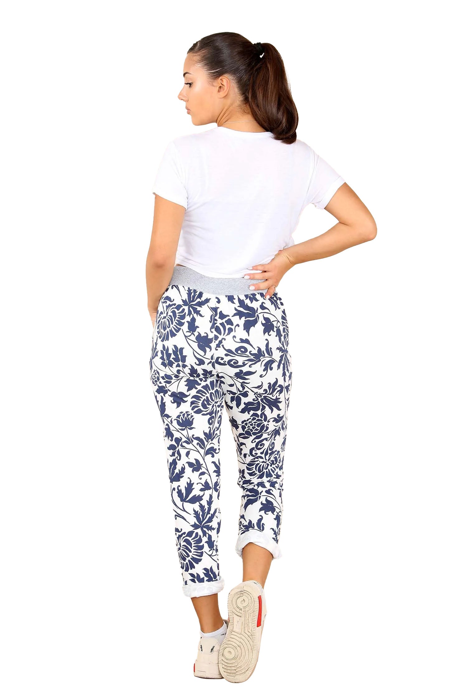 Italian Leaf Print Drawstring Cotton Joggers - Blue