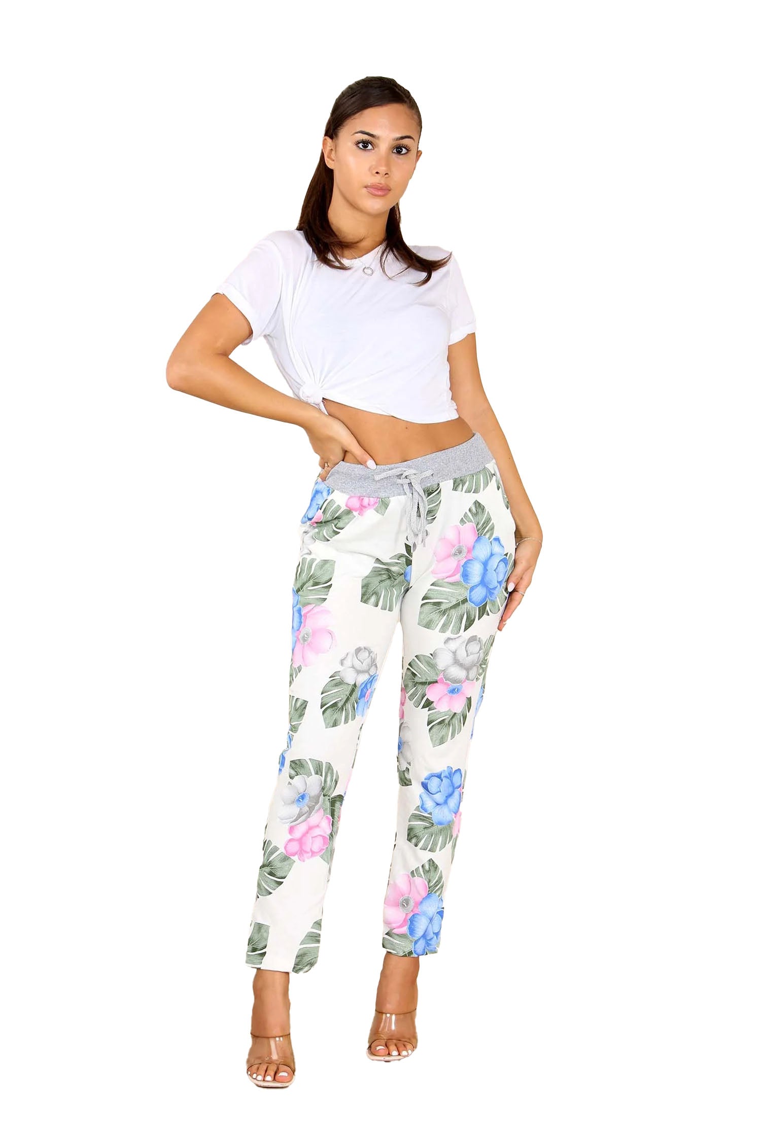 Italian Flower Leaf Print Drawstring Cotton Joggers - White