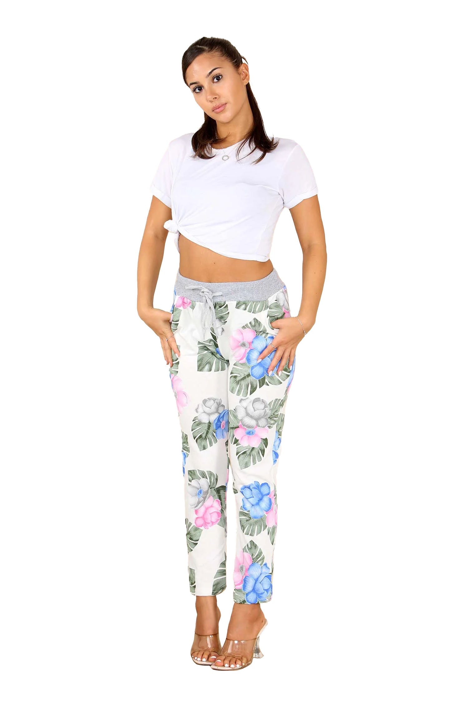 Italian Flower Leaf Print Drawstring Cotton Joggers - White