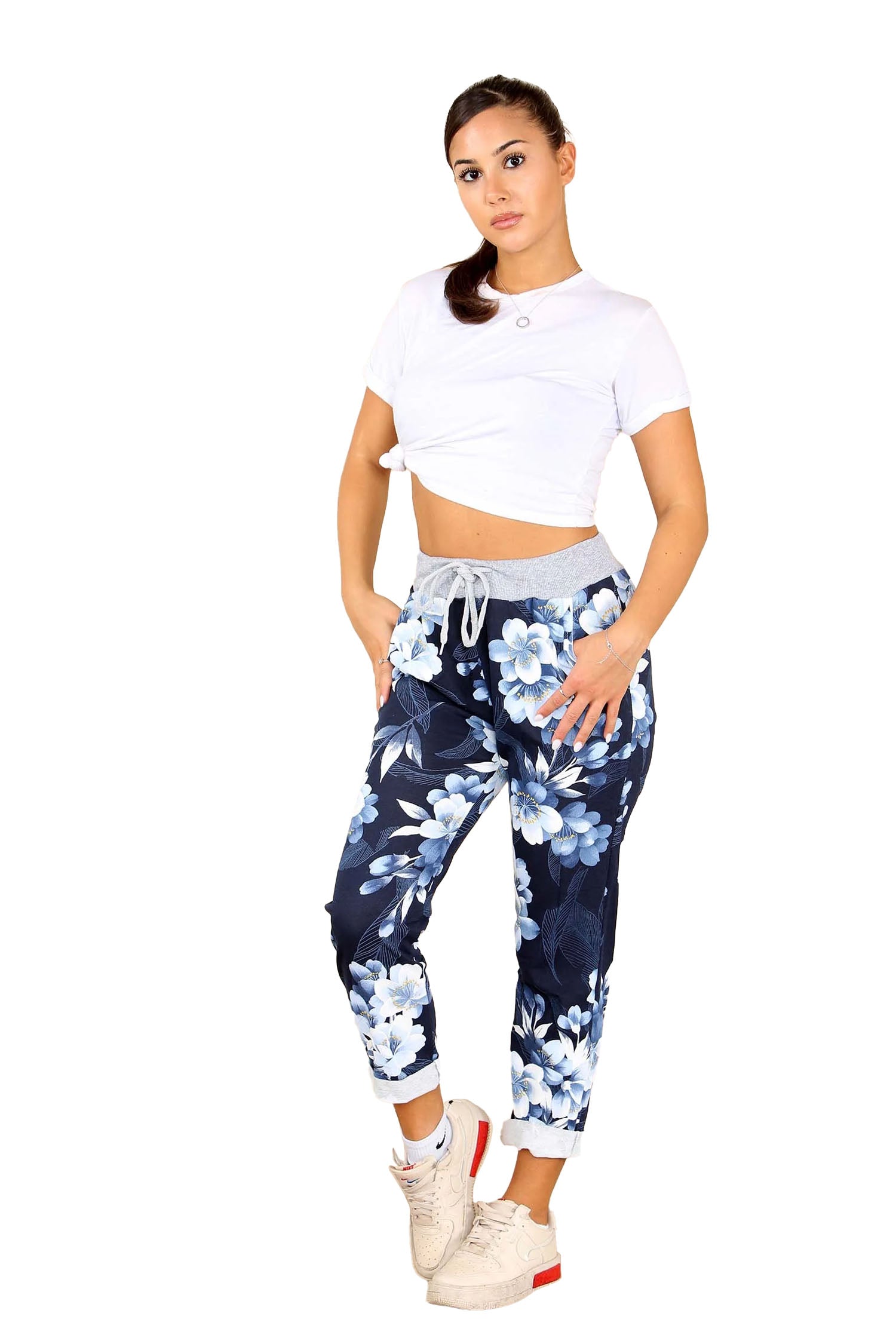 Italian Lily Print Drawstring Cotton Joggers - Navy Blue