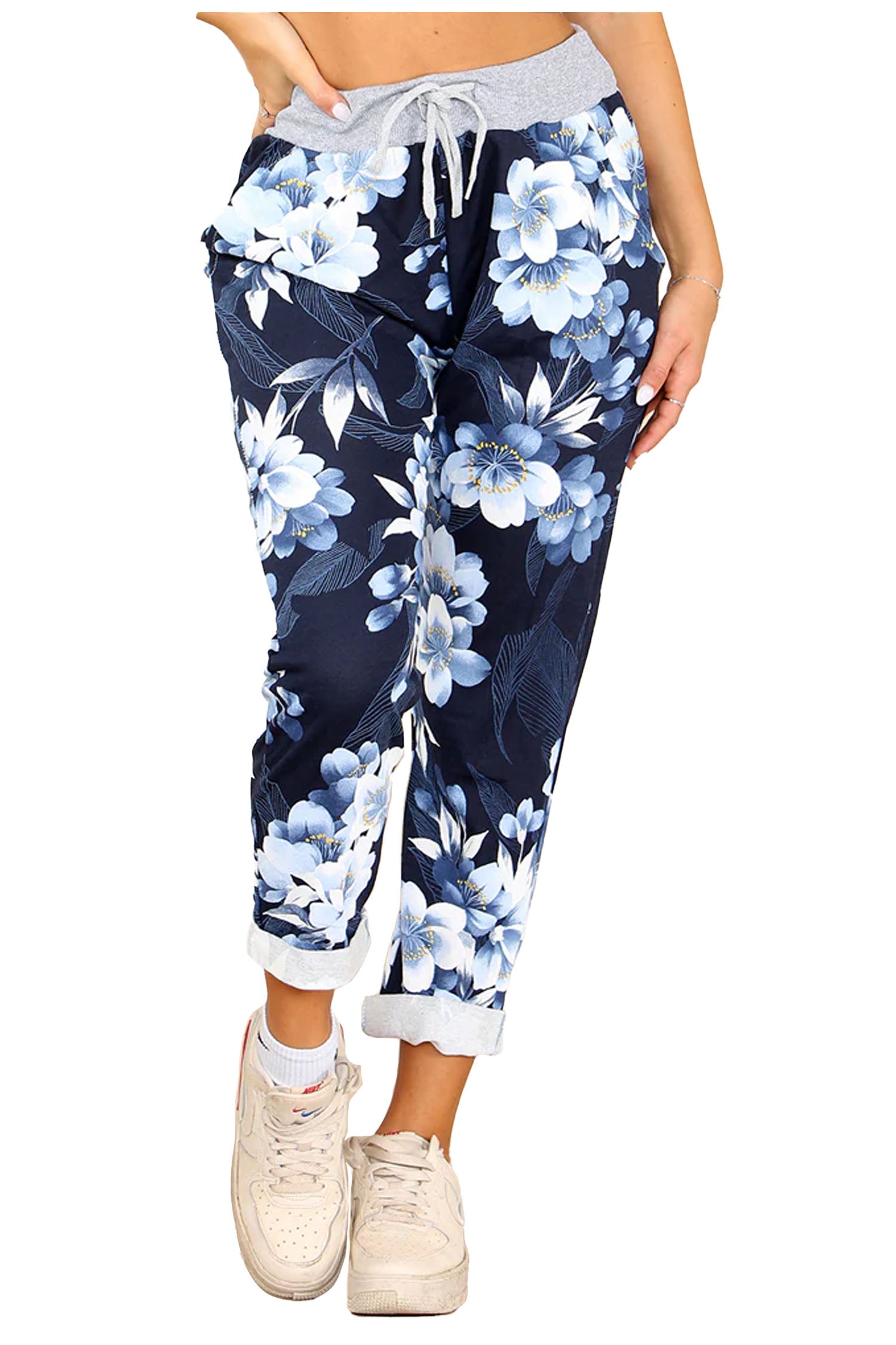 Italian Lily Print Drawstring Cotton Joggers - Navy Blue