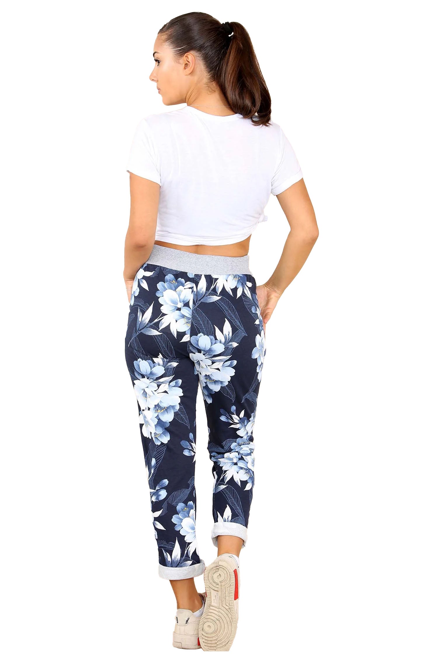 Italian Lily Print Drawstring Cotton Joggers - Navy Blue