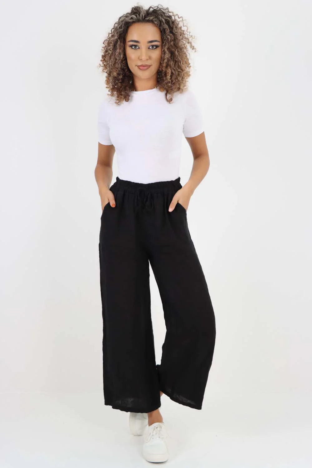 Italian Plain Linen Palazzo Trouser - Black