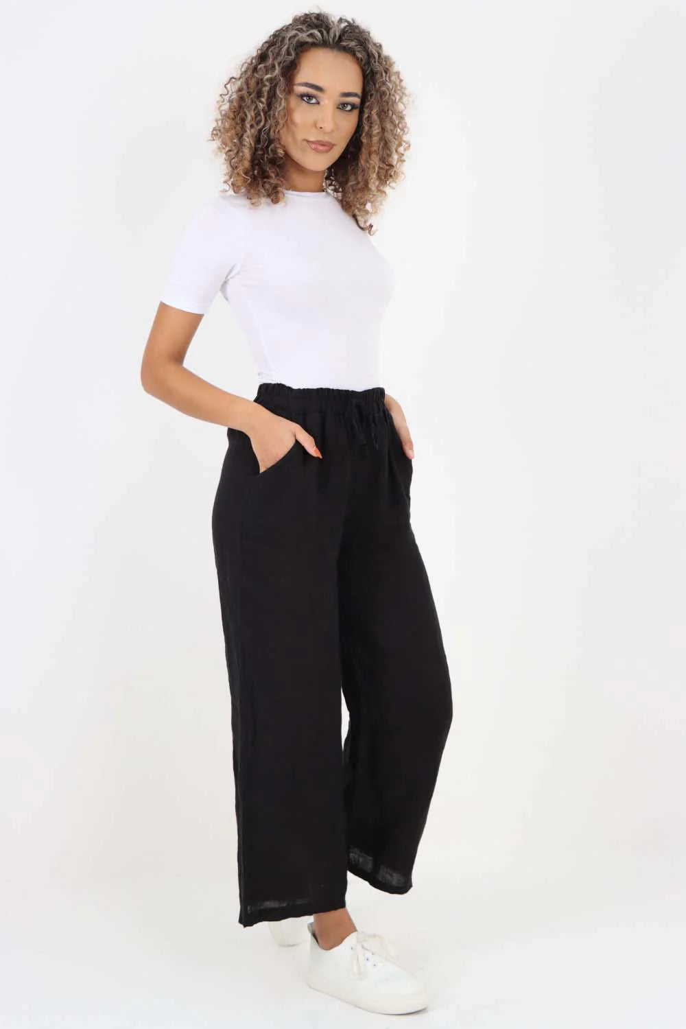 Italian Plain Linen Palazzo Trouser - Black