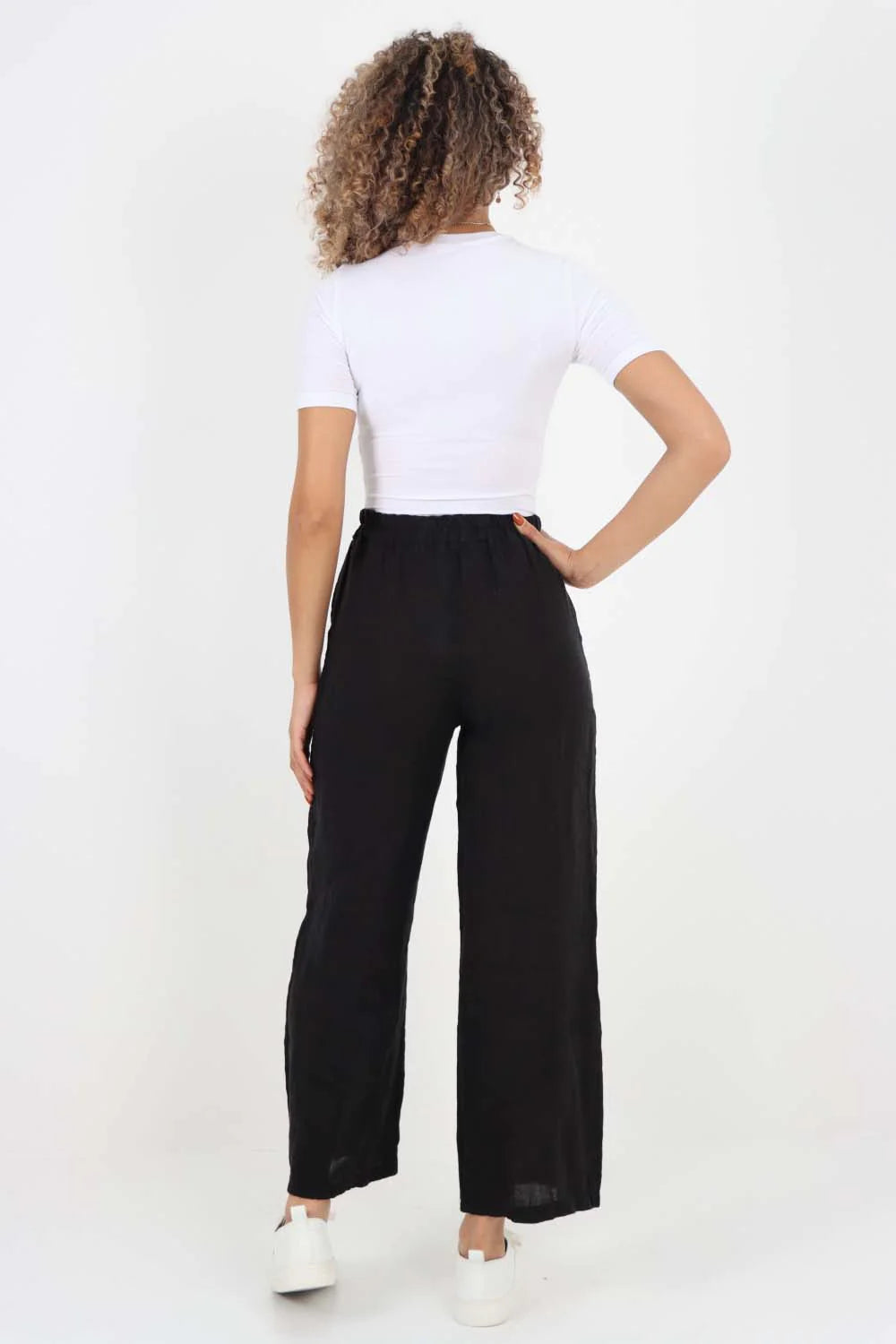 Italian Plain Linen Palazzo Trouser - Black