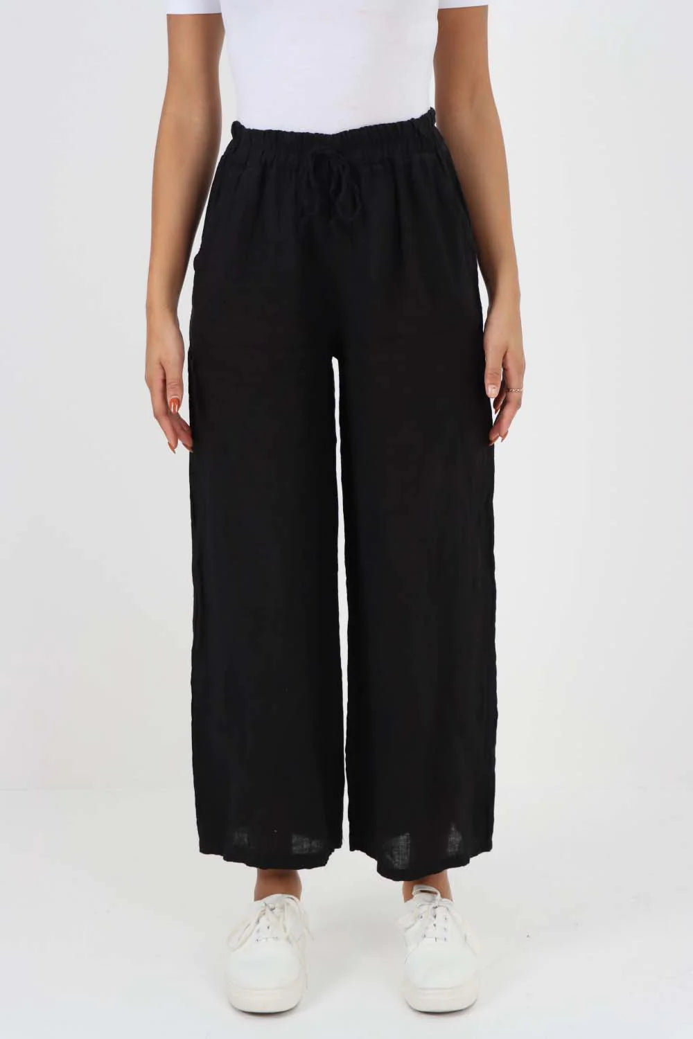 Italian Plain Linen Palazzo Trouser - Black