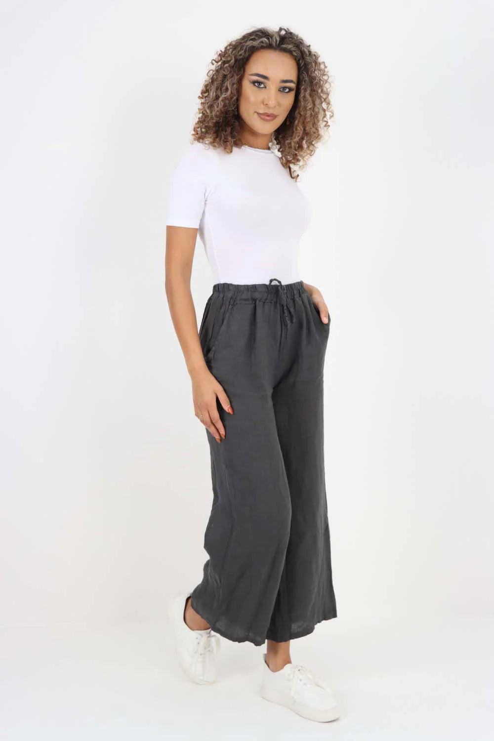 Italian Plain Linen Palazzo Trouser - Charcoal