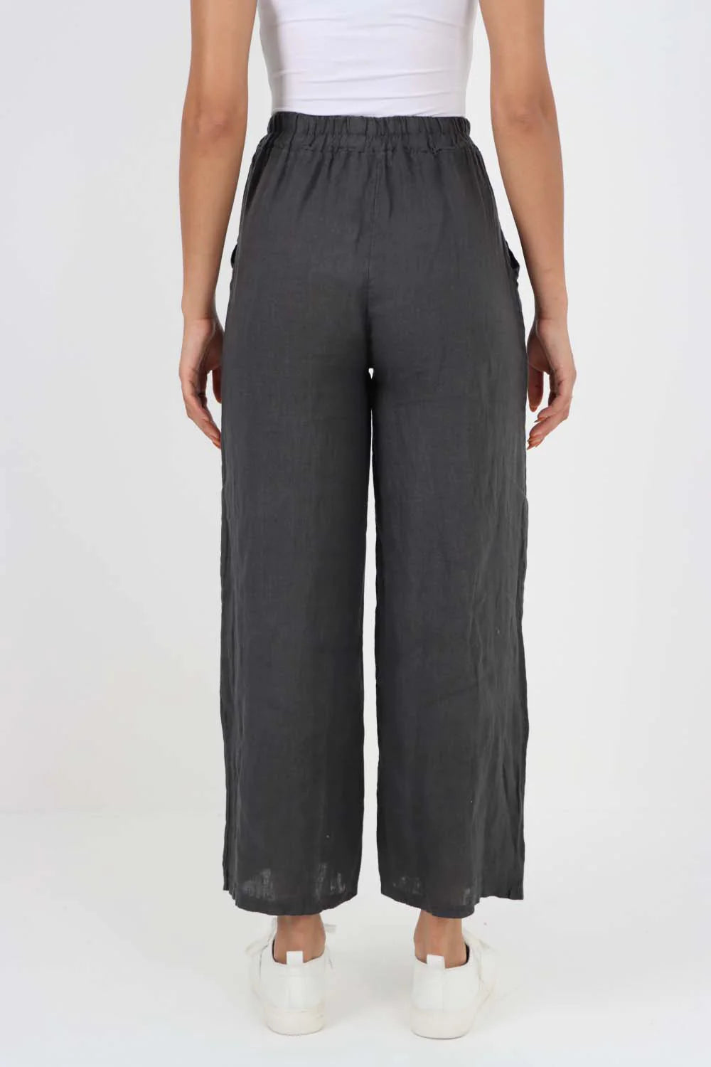 Italian Plain Linen Palazzo Trouser - Charcoal