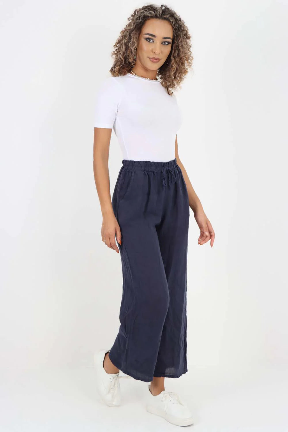 Italian Plain Linen Palazzo Trouser - Dark Denim