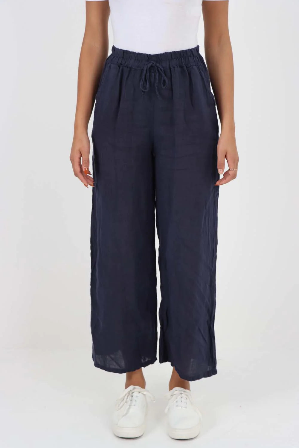 Italian Plain Linen Palazzo Trouser - Dark Denim