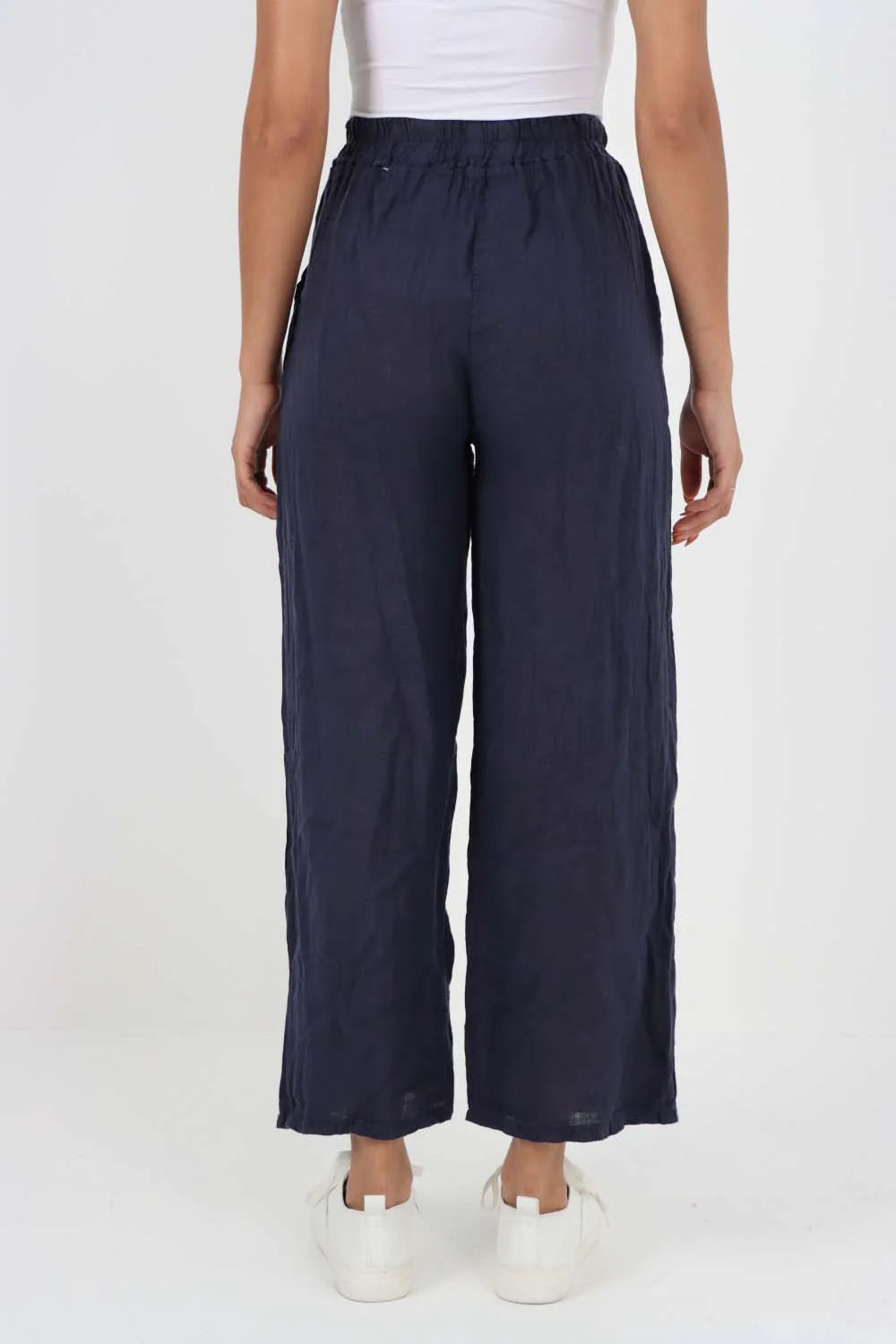 Italian Plain Linen Palazzo Trouser - Dark Denim