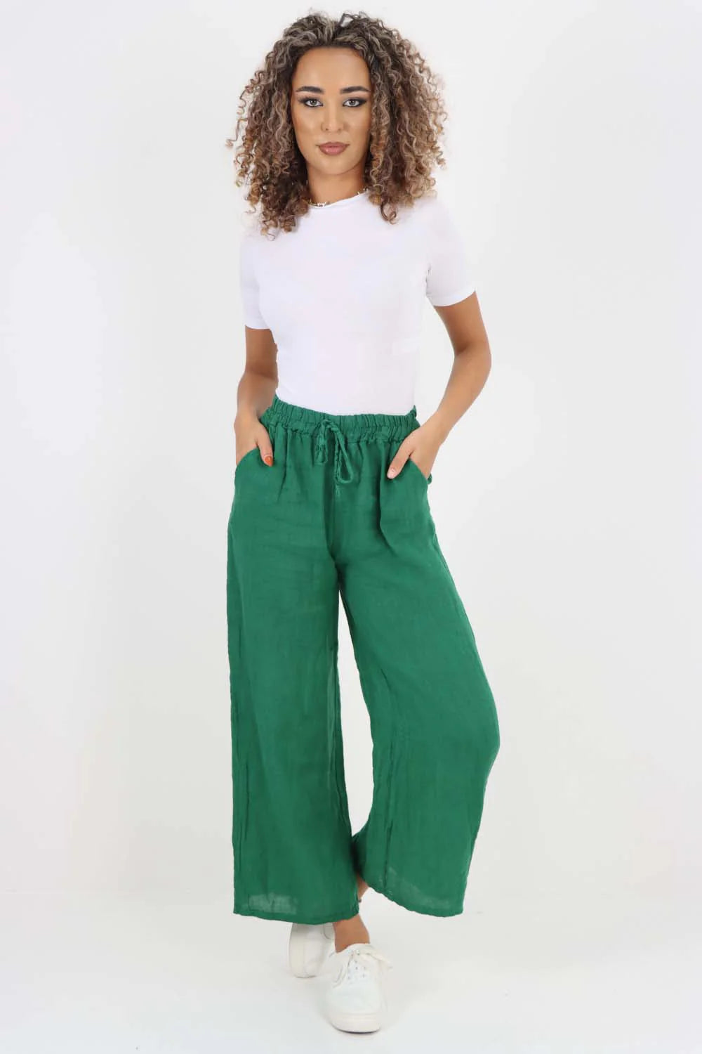 Italian Plain Linen Palazzo Trouser - Jade Green