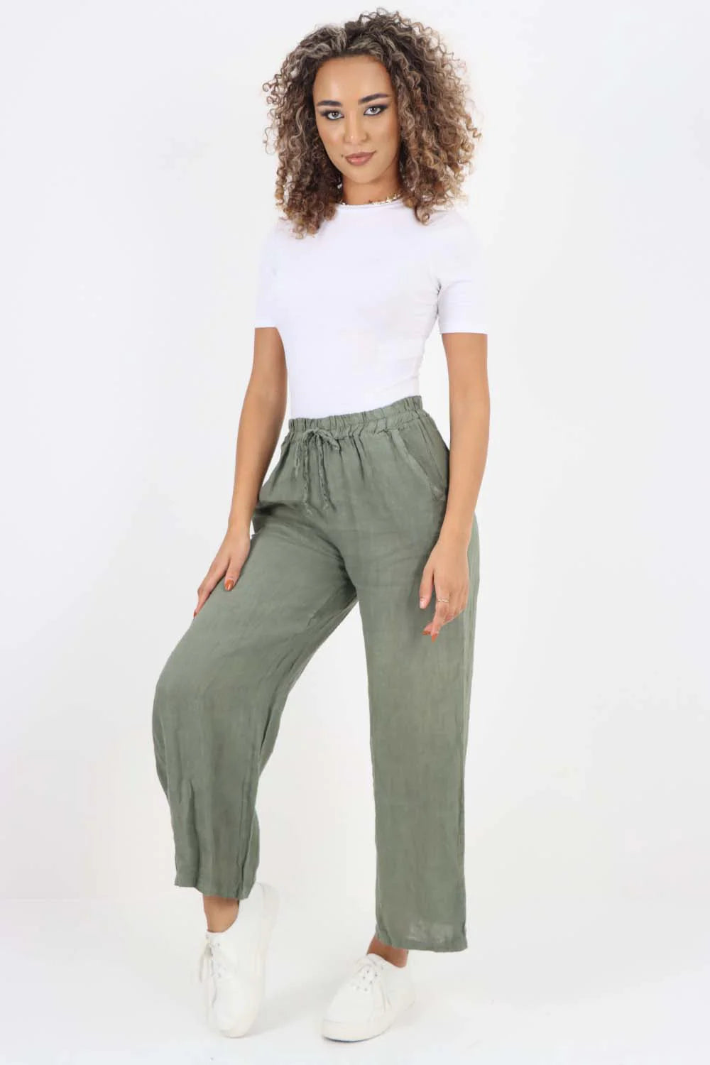 Italian Plain Linen Palazzo Trouser - Khaki