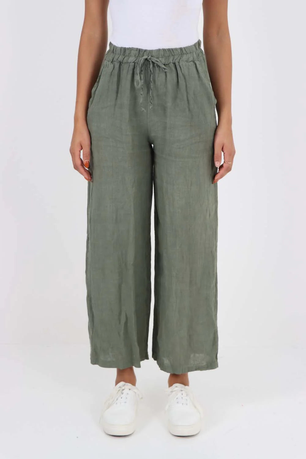 Italian Plain Linen Palazzo Trouser - Khaki