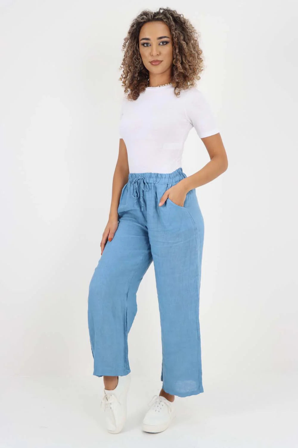 Italian Plain Linen Palazzo Trouser - Light Denim