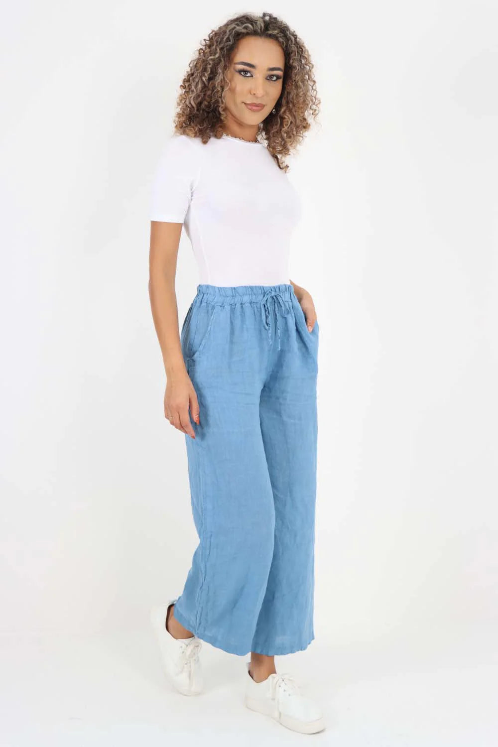 Italian Plain Linen Palazzo Trouser - Light Denim