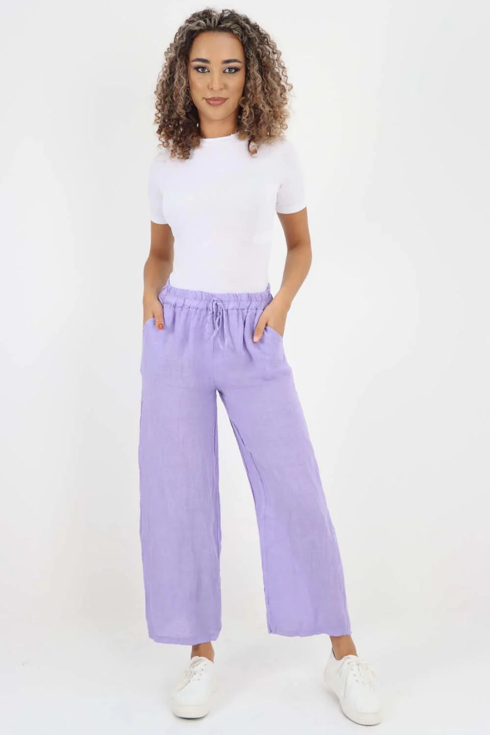 Italian Plain Linen Palazzo Trouser - Lilac