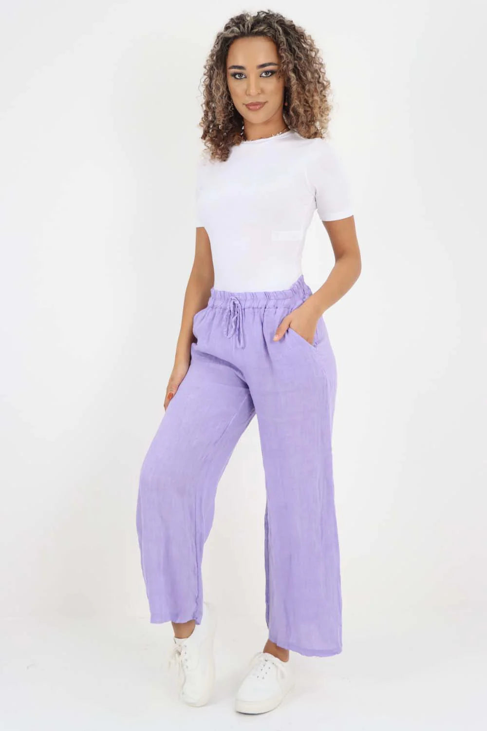 Italian Plain Linen Palazzo Trouser - Lilac