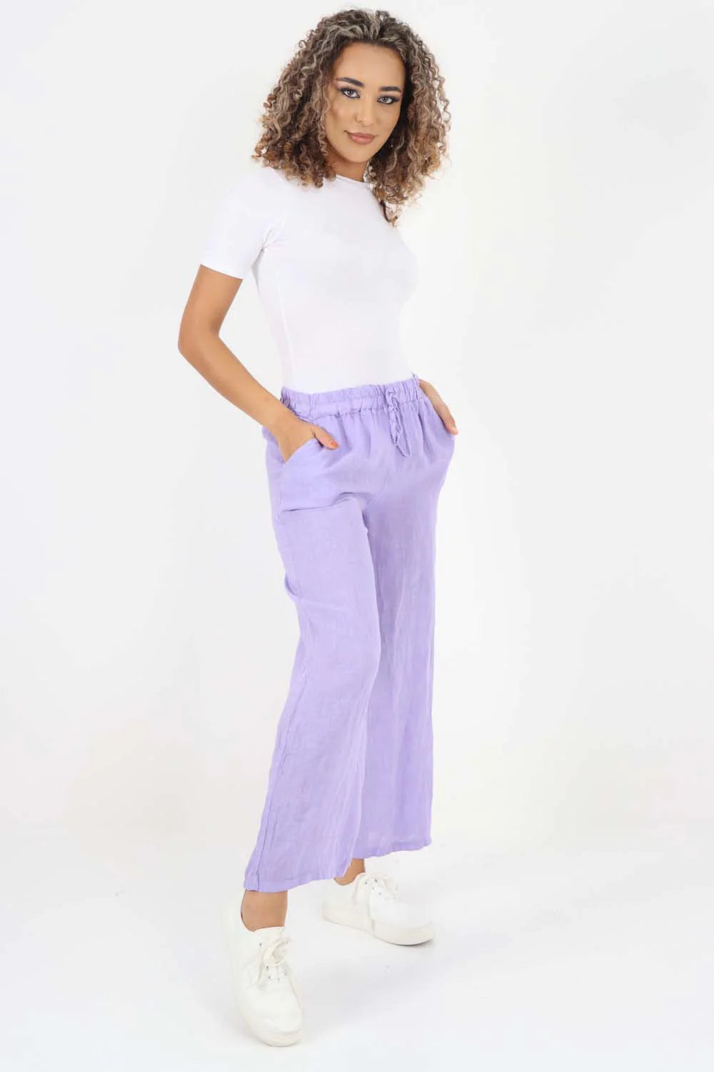 Italian Plain Linen Palazzo Trouser - Lilac