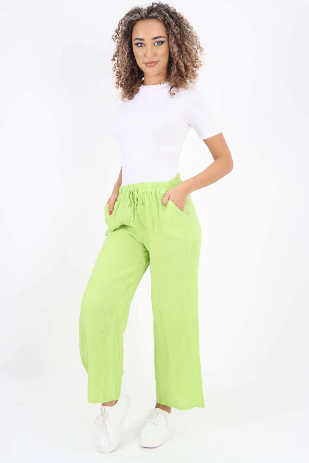 Italian Plain Linen Palazzo Trouser - Lime Green