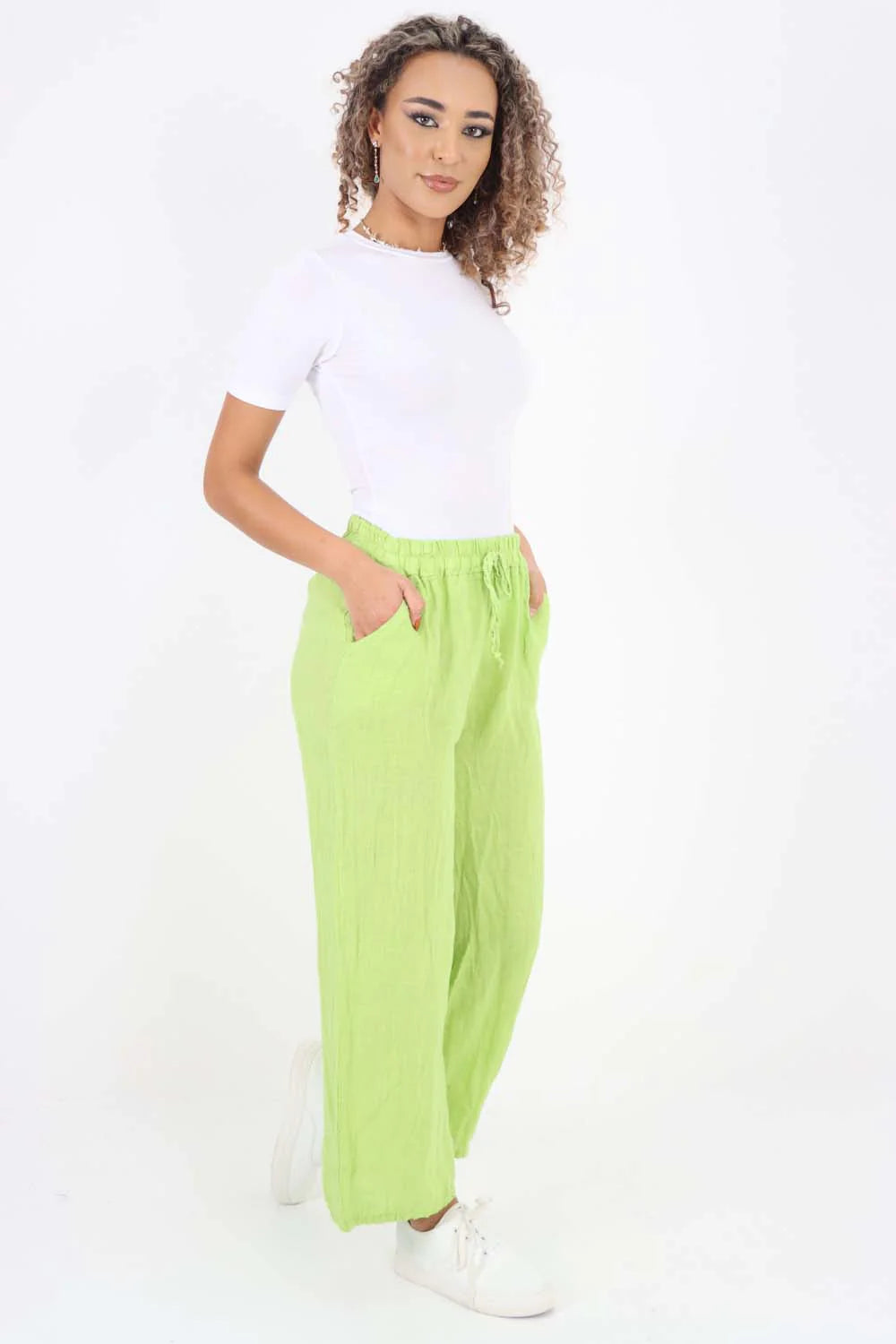 Italian Plain Linen Palazzo Trouser - Lime Green