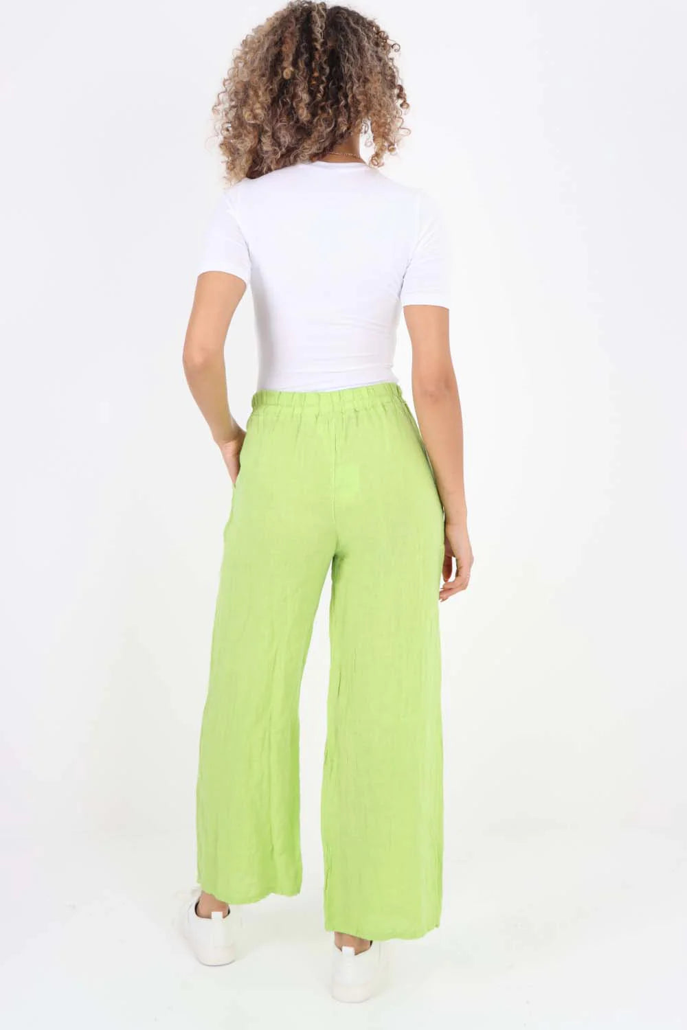 Italian Plain Linen Palazzo Trouser - Lime Green