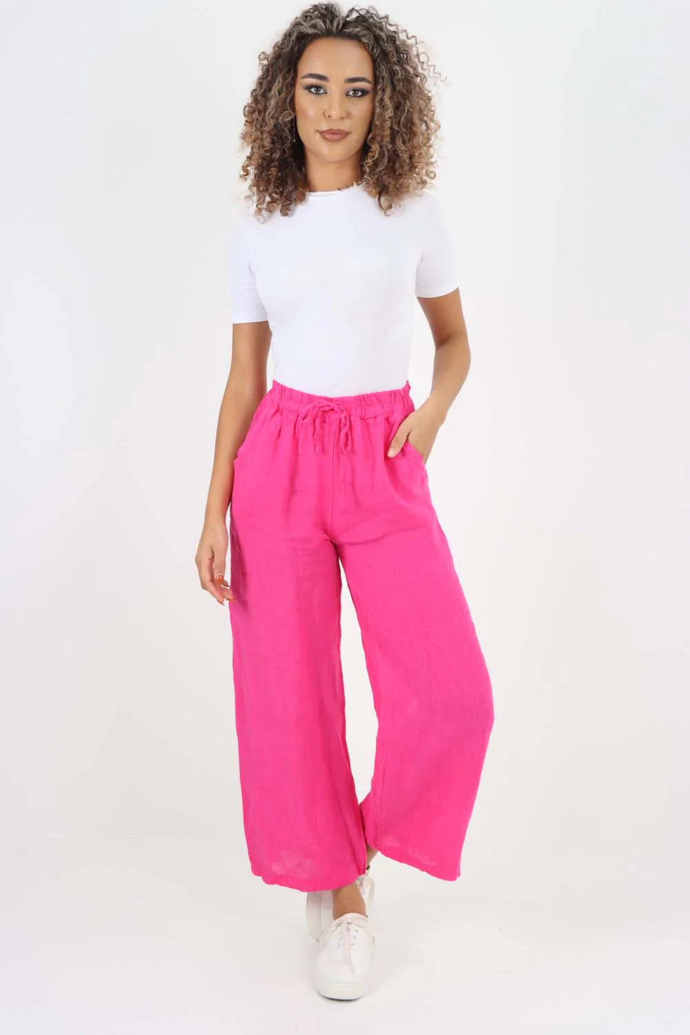 Italian Plain Linen Palazzo Trouser - Pink