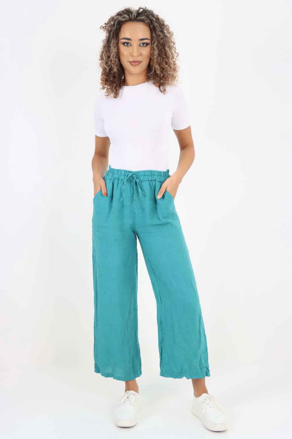 Italian Plain Linen Palazzo Trouser - Sea Green