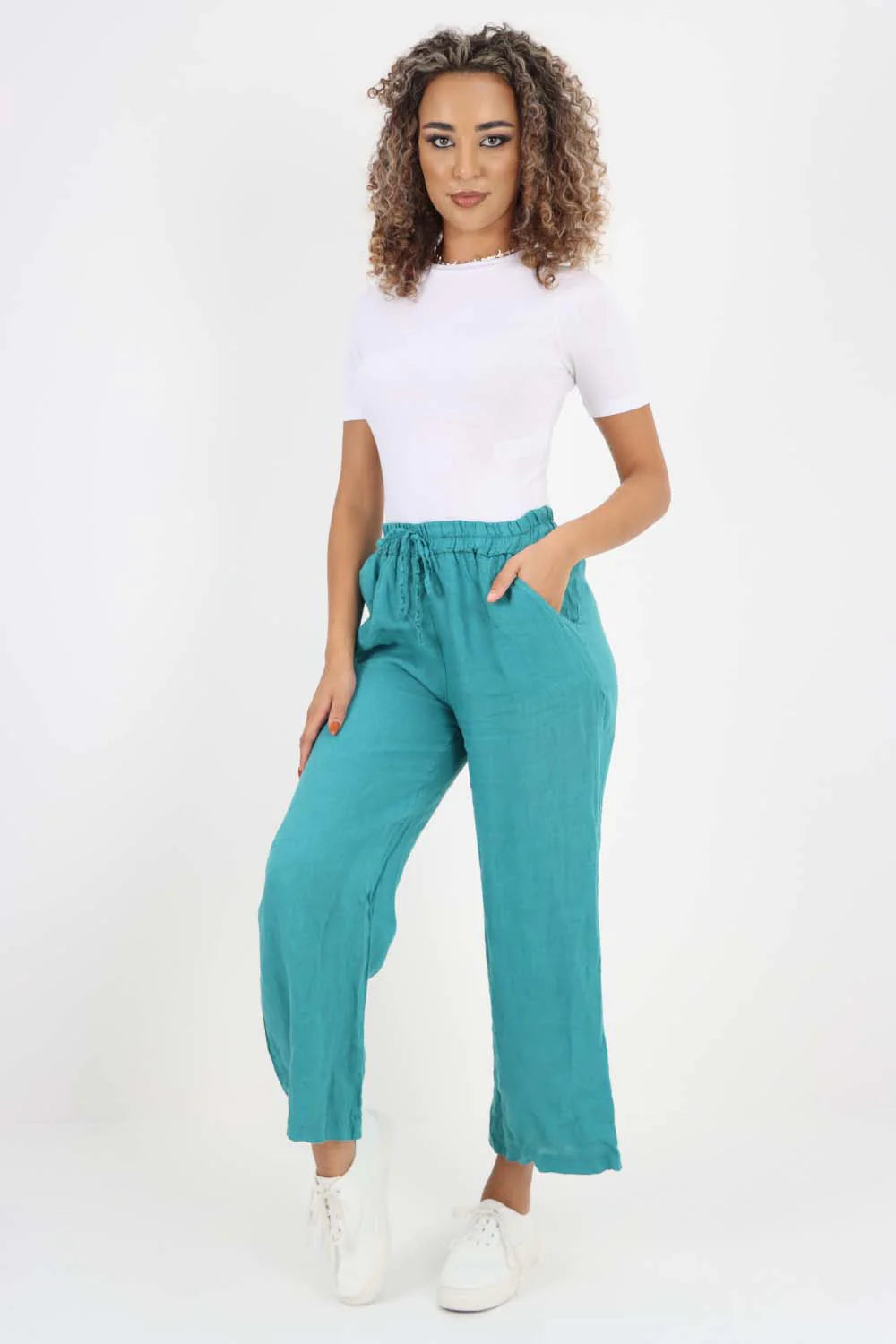 Italian Plain Linen Palazzo Trouser - Sea Green