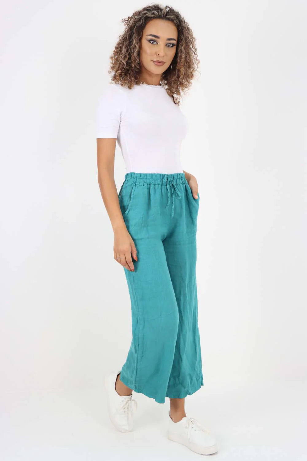 Italian Plain Linen Palazzo Trouser - Sea Green