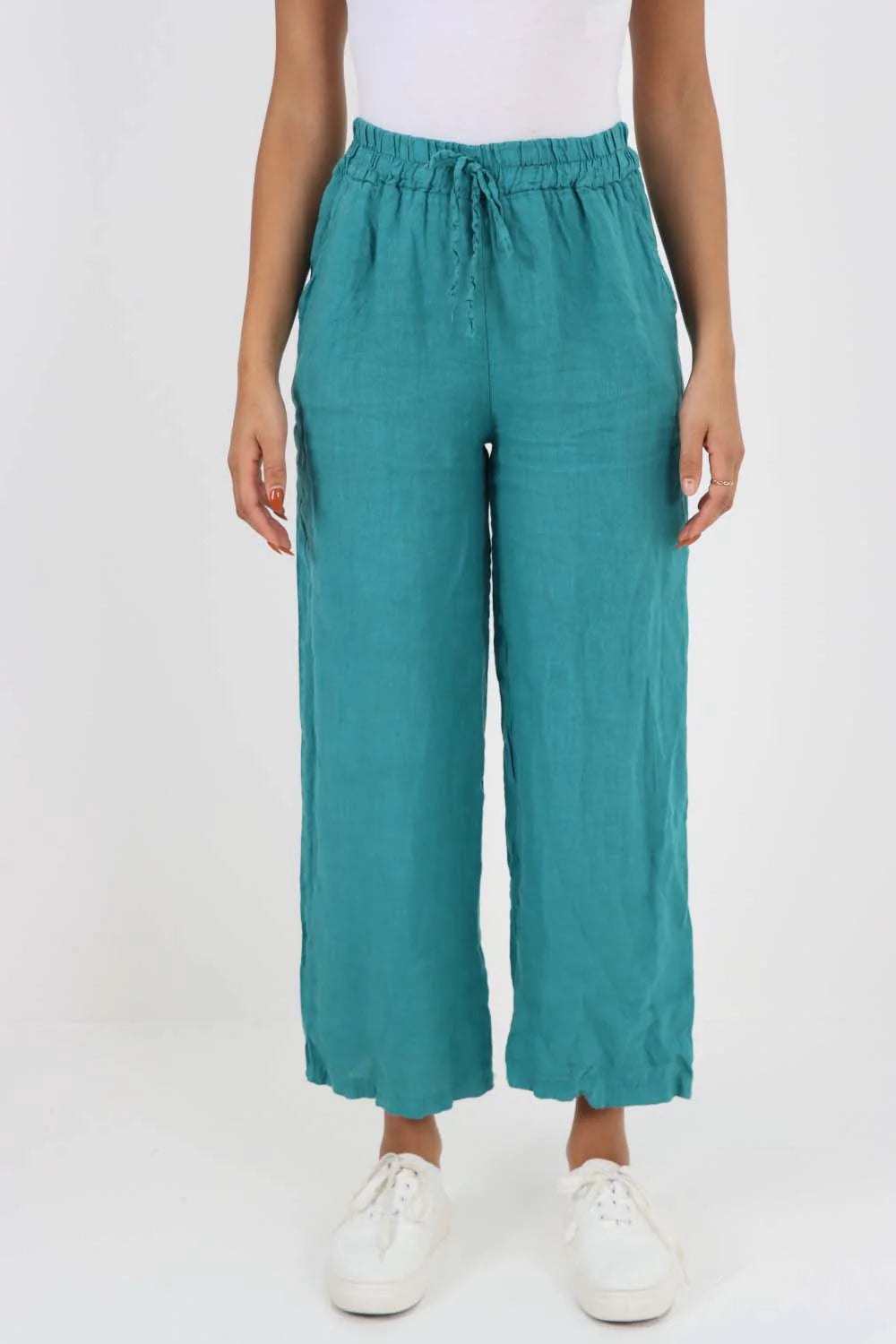 Italian Plain Linen Palazzo Trouser - Sea Green