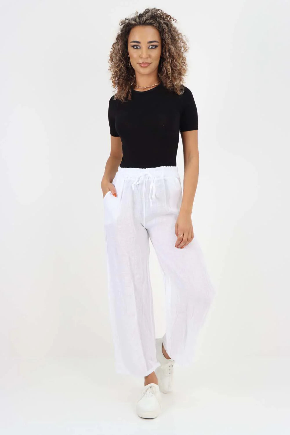 Italian Plain Linen Palazzo Trouser - White