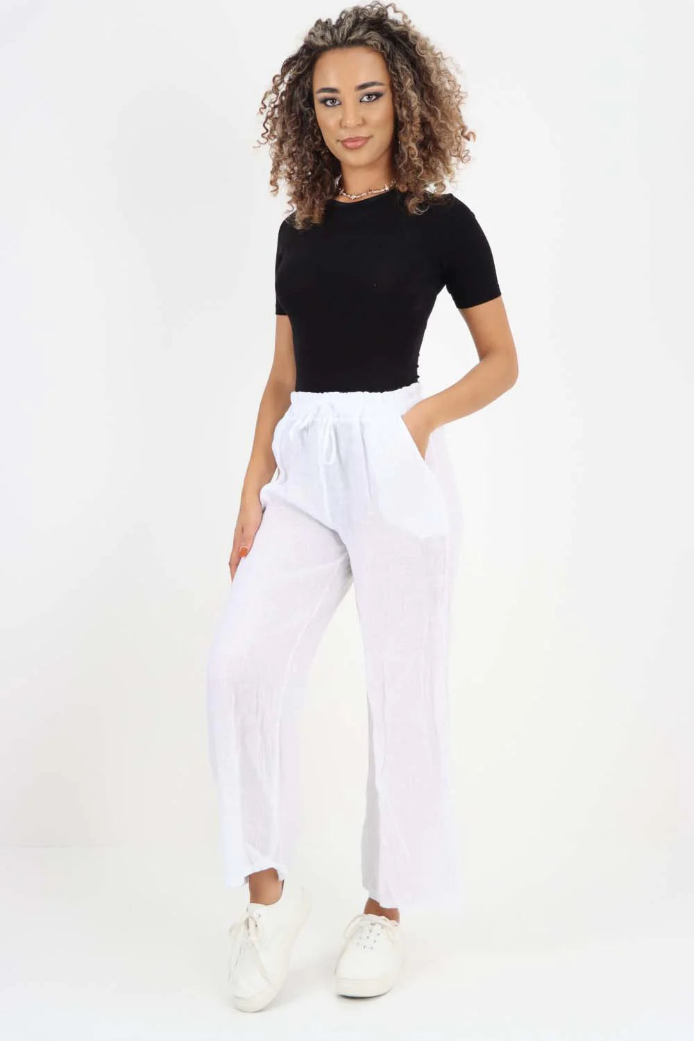 Italian Plain Linen Palazzo Trouser - White