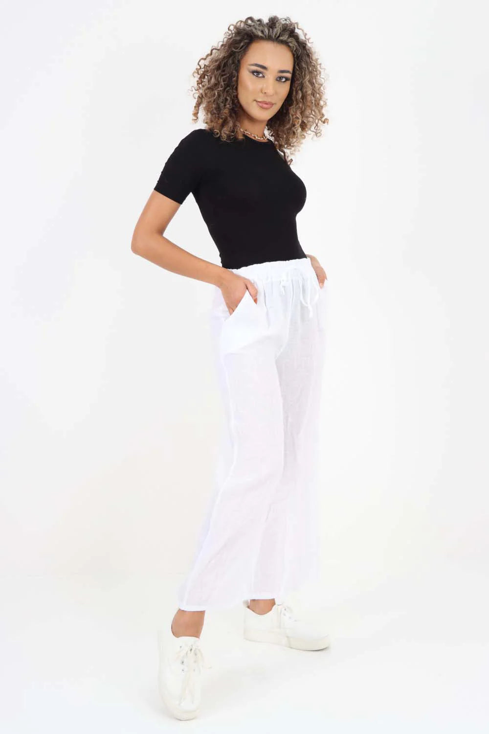 Italian Plain Linen Palazzo Trouser - White